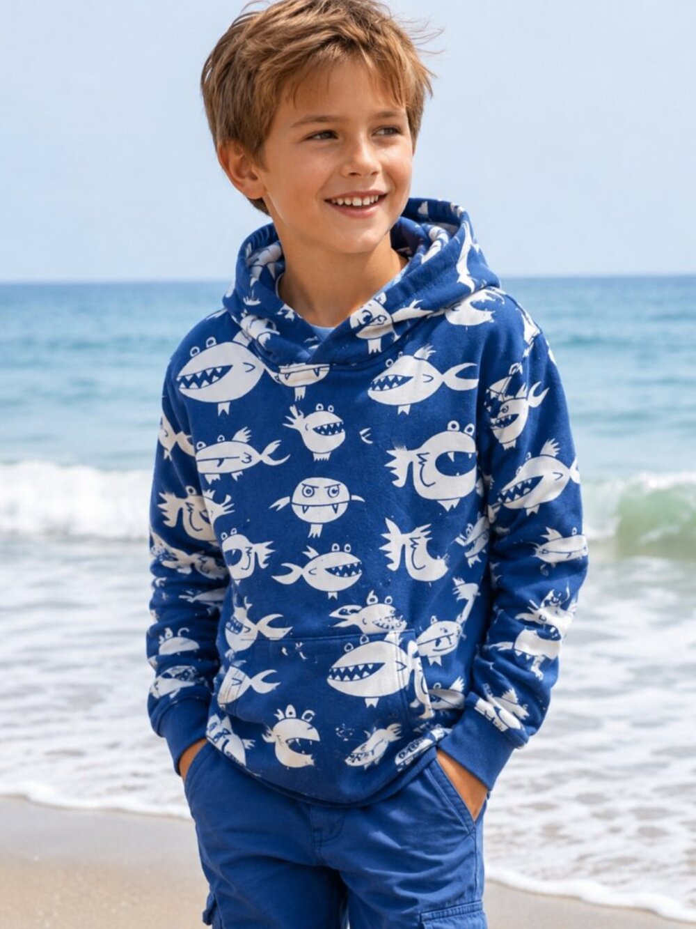 Mini Boden Blue white shark fish hoodie sweatshirt size 12-14